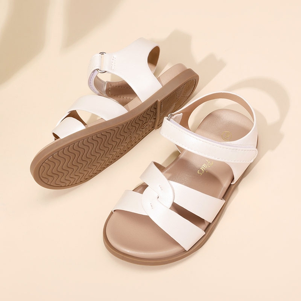 Girls Ankle Strap Strappy Flat Sandals - WHITE PU - 1